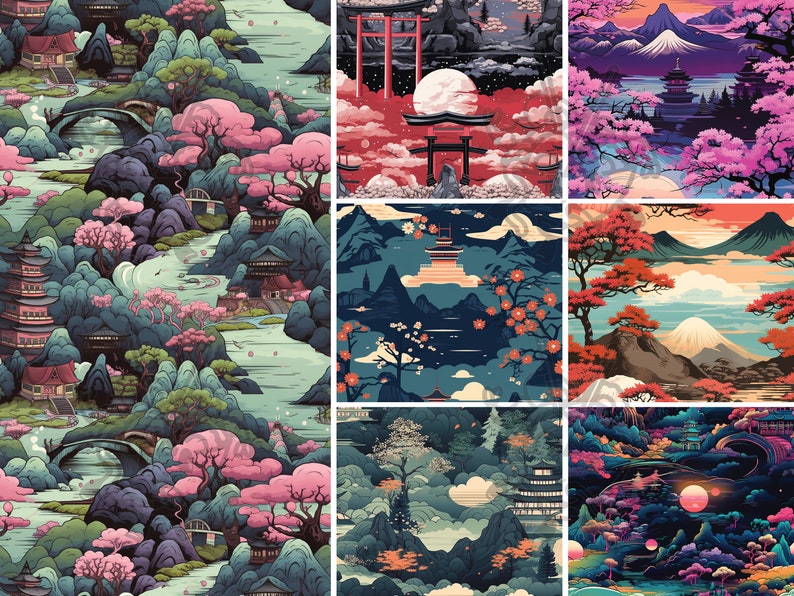 May include: A collage of nine digital illustrations depicting various Japanese landscapes. The scenes feature mountains, cherry blossoms, pagodas, and traditional red gates. The colors are vibrant and the style is whimsical.
