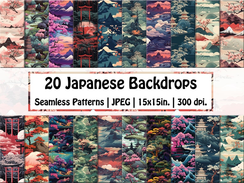 May include: 20 Japanese-themed seamless patterns, each featuring a different scenic backdrop. The patterns include mountains, cherry blossoms, pagodas, and other traditional Japanese elements. The patterns are in a variety of colors, including pink, blue, green, and red. Each pattern is 15x15 inches and 300 dpi.