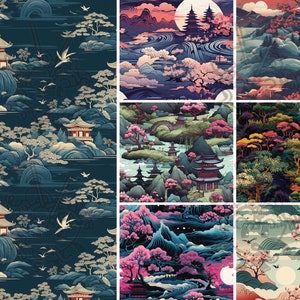 May include: A digital collage of nine different images depicting Japanese-inspired landscapes. Each image features a unique combination of mountains, trees, pagodas, and water, with a variety of colors and textures. The images are arranged in a grid pattern, creating a visually appealing and harmonious composition.
