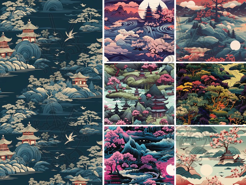 May include: A digital collage of nine different images depicting Japanese-inspired landscapes. Each image features a unique combination of mountains, trees, pagodas, and water, with a variety of colors and textures. The images are arranged in a grid pattern, creating a visually appealing and harmonious composition.