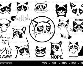 Grumpy Cat Bundle | Logo Vinyl Stencil | Angry Cat Graphics Vector Print | Cricut Cutting files, Silhouette Cameo | Svg, Png, Dxf, Eps, Pdf