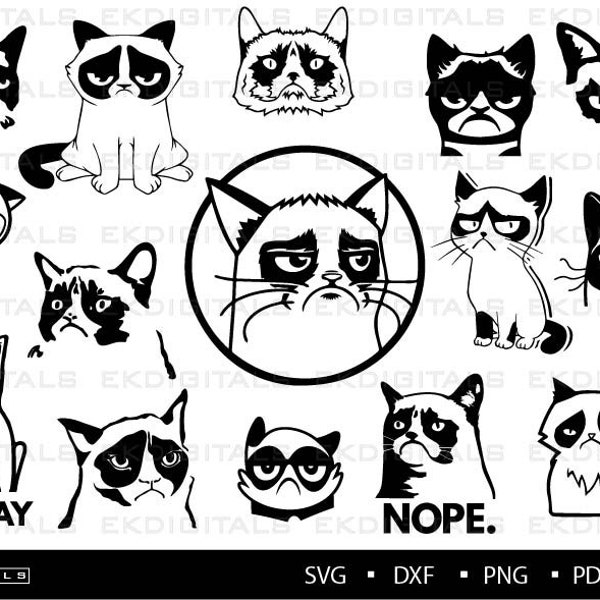 Grumpy Cat Bundle | Logo Vinyl Stencil | Angry Cat Graphics Vector Print | Cricut Cutting files, Silhouette Cameo | Svg, Png, Dxf, Eps, Pdf