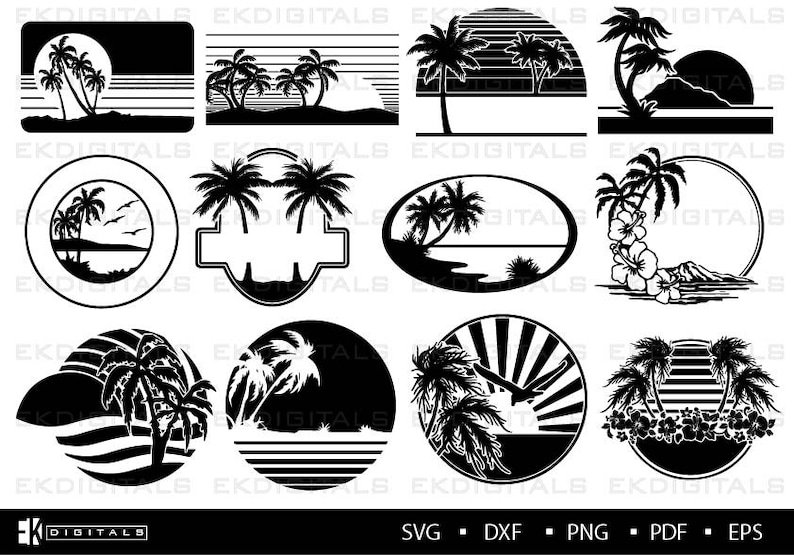 May include: Set of ten black and white palm tree and beach themed SVG cut files. The designs include palm trees, sun, ocean waves, and sand.