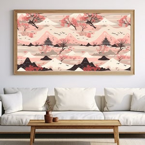 May include: A framed print of a Japanese-inspired landscape with pink cherry blossoms, mountains, and pagodas. The print has a vintage aesthetic and is perfect for adding a touch of serenity to any room.