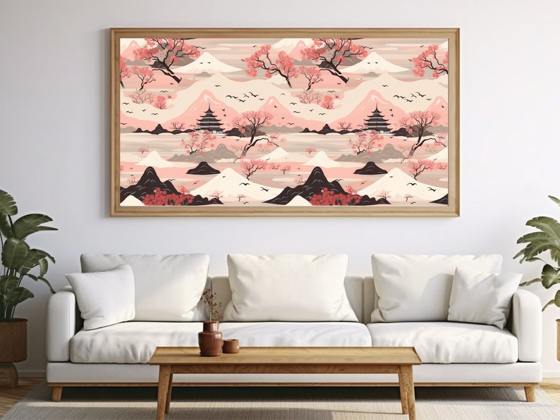 May include: A framed print of a Japanese-inspired landscape with pink cherry blossoms, mountains, and pagodas. The print has a vintage aesthetic and is perfect for adding a touch of serenity to any room.