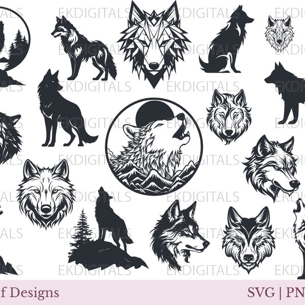 Loup SVG Clipart, vecteur de Silhouette de la faune, conception de contour Animal, Tribal Pack, hurlement de loup amérindien, tatouage autocollant géométrique