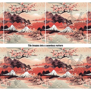 May include: A seamless pattern featuring a Japanese landscape with a mountain range, a lake, and cherry blossom trees. The mountains are a dark gray color, the lake is a dark blue color, and the cherry blossom trees are a light pink color. The background is a light beige color.