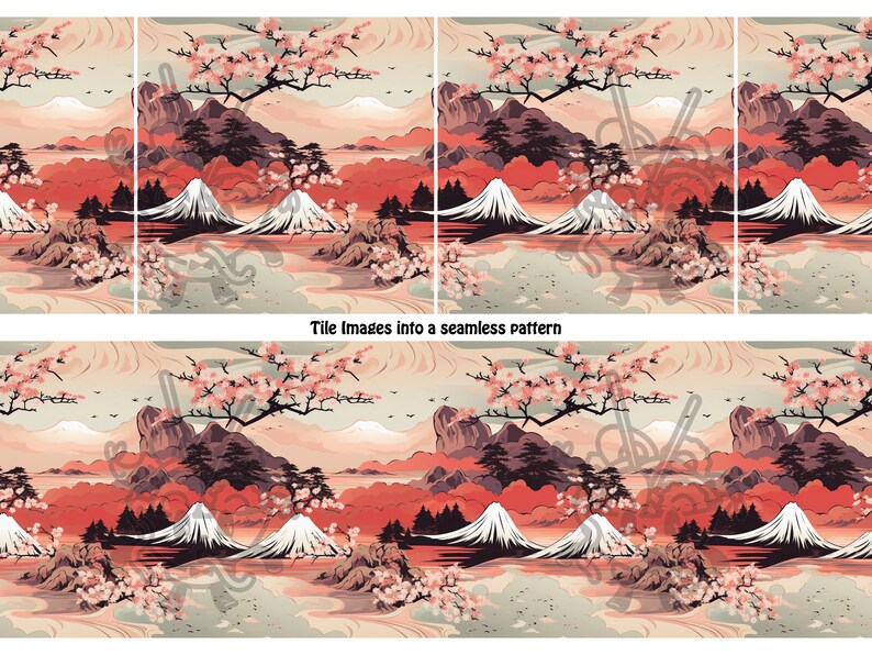 May include: A seamless pattern featuring a Japanese landscape with a mountain range, a lake, and cherry blossom trees. The mountains are a dark gray color, the lake is a dark blue color, and the cherry blossom trees are a light pink color. The background is a light beige color.