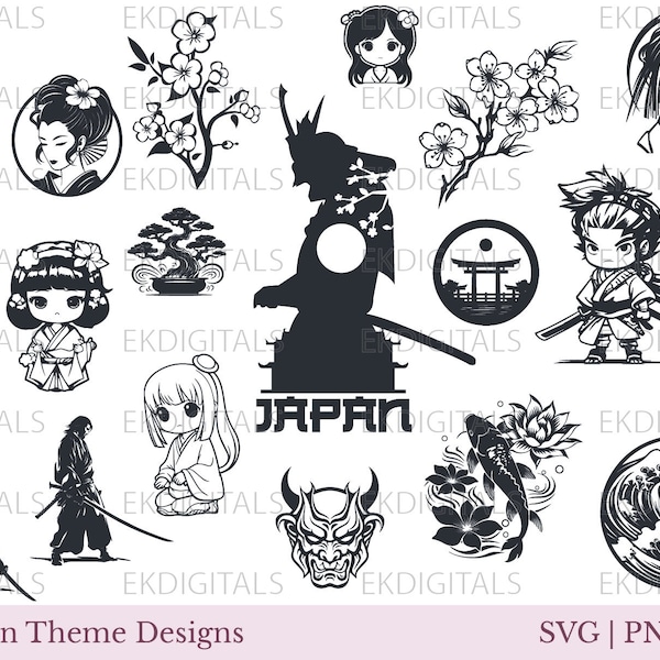 Japan SVG, Japanese Art, Culture, Symbols, Sakura Cherry Blossom, Geisha, Mount Fuji Landscape, Japanese Origami, Kimono Samurai Anime