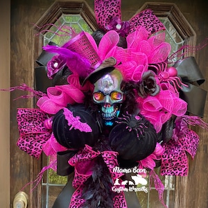 Pink and Black Halloween Wreath, Halloween Skeleton Wreath, Skull Wreath, Fancy Skeleton, Mr Bones Wreath, Hot Pink Halloween Wreath, Skull