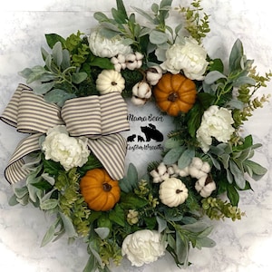 Neutral Fall Wreath, White Pumpkin Wreath, Autumn Wreath, Farmhouse Fall Wreath, Fall Decor, Fall Wreath For Front Door, Rustic Fall Wreath