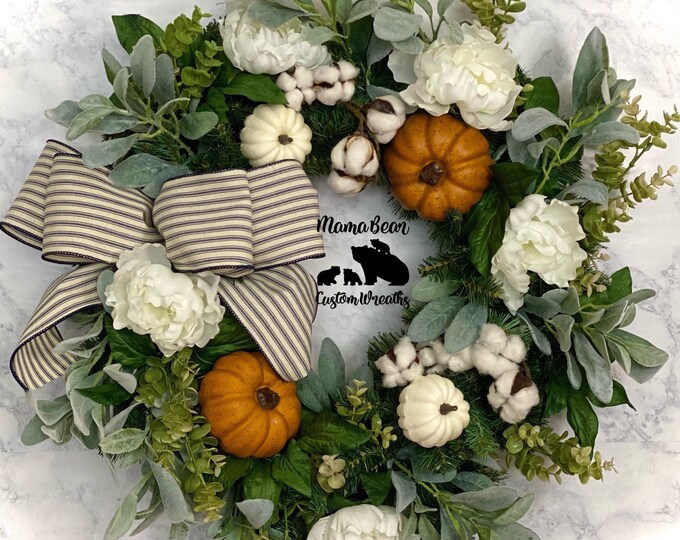 Neutral Fall Wreath, White Pumpkin Wreath, Autumn Wreath, Farmhouse Fall Wreath, Fall Decor, Fall Wreath For Front Door, Rustic Fall Wreath