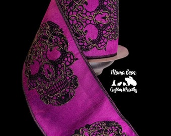 Purple Skull Ribbon, 4 Inch Wired Ribbon, Purple Dia De Los Muertos Ribbon, Purple Ribbon, Halloween Ribbon, Skull Ribbon, Gothic Ribbon