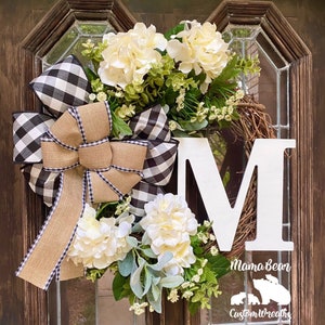 Monogram Hydrangea Wreath: Buffalo Check Bow, Front Door Decor