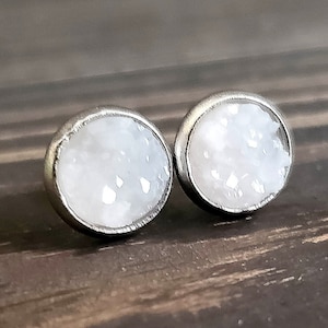 Small Icy White Druzy Earrings (8mm) - Raw Druzy Studs - Post Earrings - White Gemstone - White Stone Stud Earrings - Boho Stone Earrings