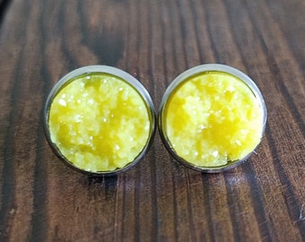 Crystal Yellow Druzy Earrings (12mm) - Yellow Stud Earrings - Raw Gemstone Earrings - Hypoallergenic Stone Earrings - Yellow Earrings