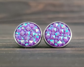 Purple Crystal Druzy Earrings (12mm)
