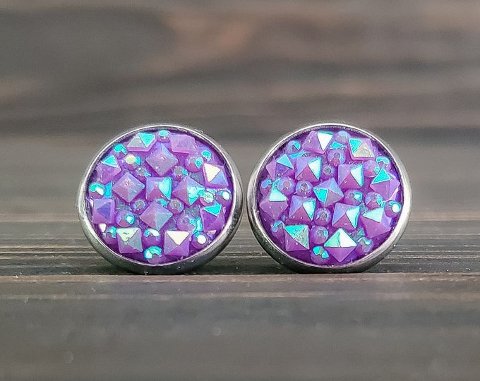 Purple Crystal Druzy Earrings (12mm)