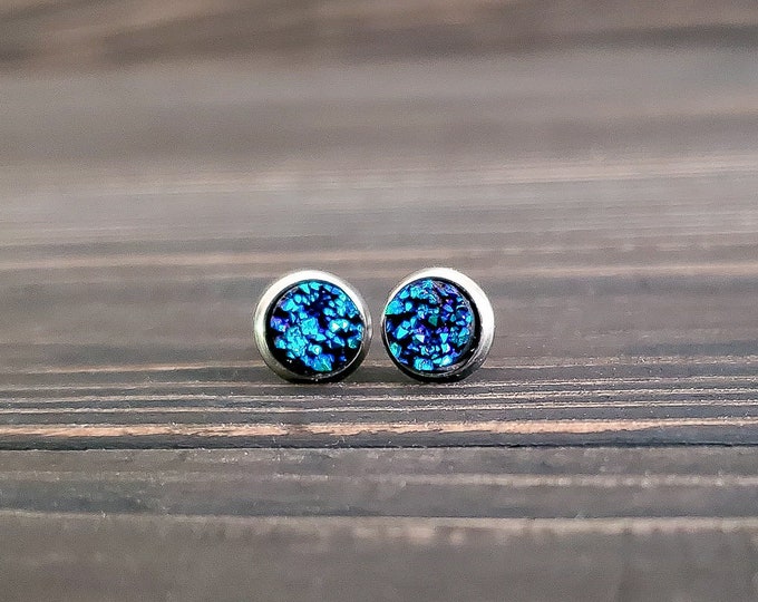 Tiny Titanium Blue Druzy Earrings (6mm)