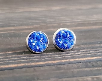 Small Blue Druzy Earrings (8mm)