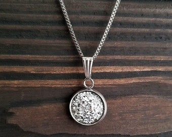Small Titanium Silver Druzy Necklace (12mm) | Layering Crystal Necklace | Hypoallergenic Necklace | Gemstone Geode Pendant Necklace