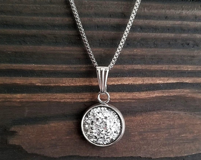 Small Titanium Silver Druzy Necklace (12mm) | Layering Crystal Necklace | Hypoallergenic Necklace | Gemstone Geode Pendant Necklace