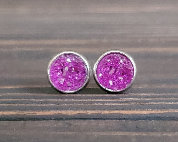 Small Violet Purple Druzy Earrings (8mm)