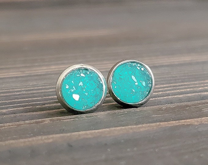 Small Aqua Blue Druzy Earrings (8mm)