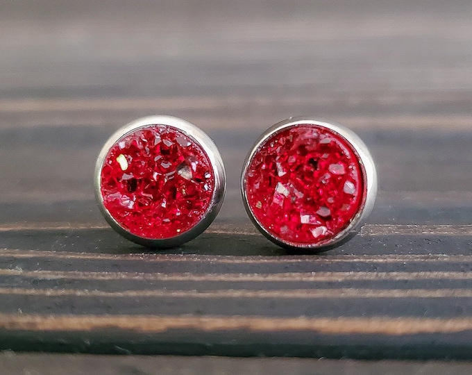 Small Ruby Red Druzy Earrings (8mm)