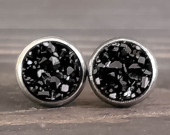 Small Black Druzy Earrings (8mm)