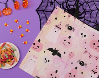 Pink Pumpkin Halloween Tote Bag | Trick or Treat Candy Bag | Kids Halloween Bag | Spooky Bats Ghost Witchy Tote Bag