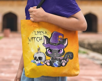 Black Cat Halloween Tote Bag | Life's A Witch Bag Tote Bag | Trick or Treat Candy Bag | Spooky Witchy Kids Halloween Bag