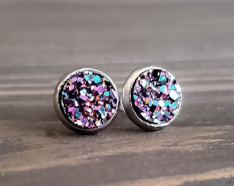 Small Purple Galaxy Druzy Earrings (8mm)
