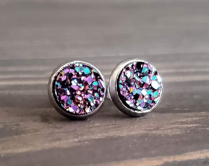 Small Purple Galaxy Druzy Earrings (8mm)