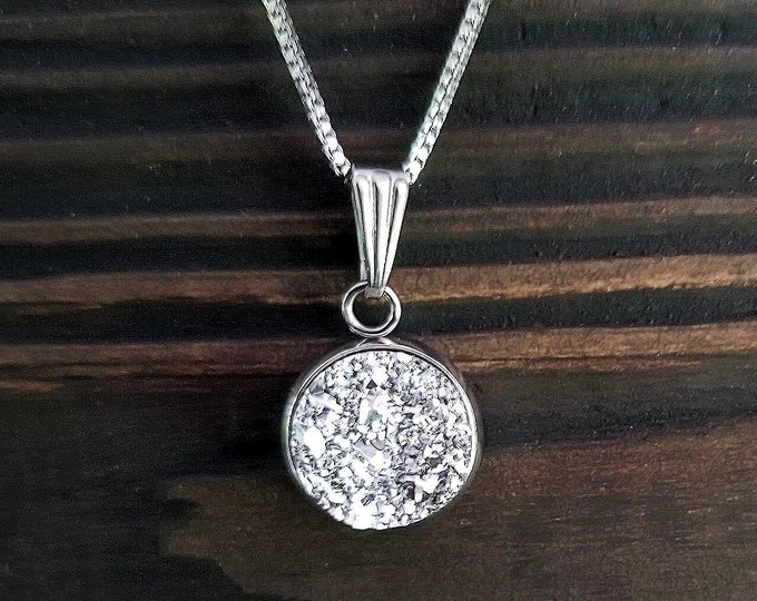 Small Titanium Silver Druzy Necklace (12mm)