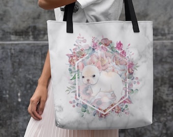 White French Bulldog Marble Tote Bag | Durable Eco Market AOP Shoulder Bag | Reusable Grocery Bag | Frenchie Tote Bag
