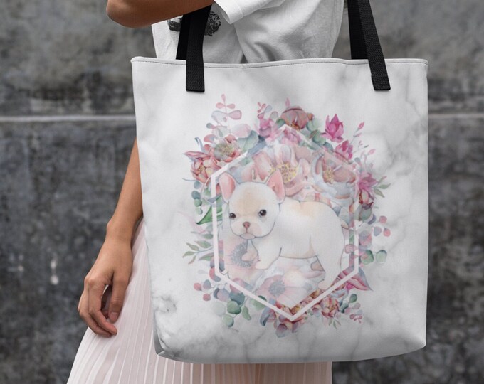 White French Bulldog Marble Tote Bag | Durable Eco Market AOP Shoulder Bag | Reusable Grocery Bag | Frenchie Tote Bag