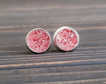 Small Watermelon Pink Crystal Druzy Earrings (8mm)