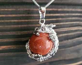 Mythical Orange Goldstone Dragon Necklace