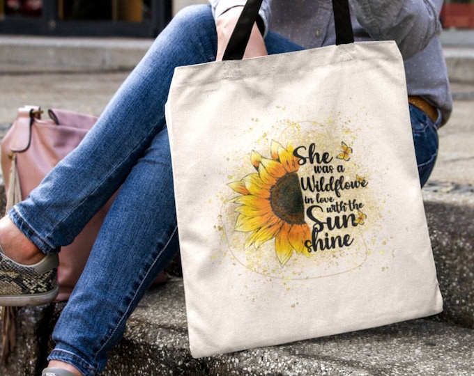 Sunflower Canvas Tote Bag | Vintage Wildflower Quote, Cotton Shopping Bag