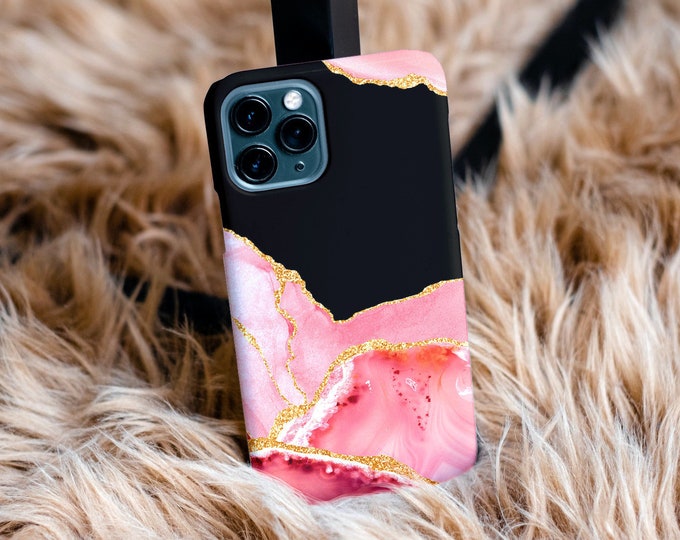 Pink Black Gemstone Phone Case | Marble Geode Slice Crystal Phone Case | iPhone Case 12, 12 Mini, 12 Pro, Pro Max, X, Xr, Xs Max, Xs, 8