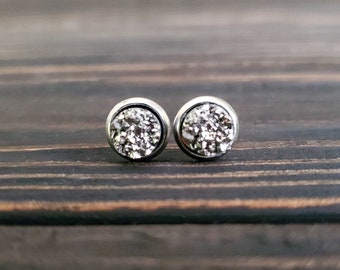 Tiny Titanium Silver Druzy Earrings (6mm)