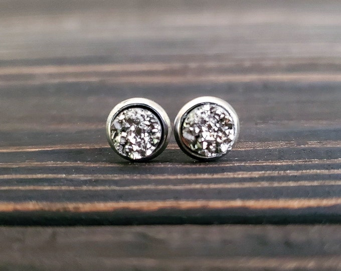 Tiny Titanium Silver Druzy Earrings (6mm)