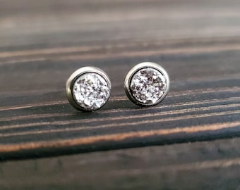 Tiny Bright Silver Druzy Earrings (6mm) | Raw Druzy Studs | Silver Crystal Gemstone | Silver Stone Stud | Boho Stone Earring | Gifts for Her