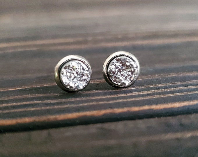 Tiny Bright Silver Druzy Earrings (6mm)