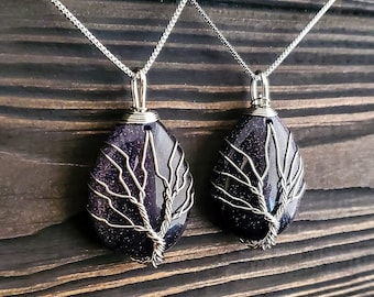 Blue Wire Wrapped Tree of Life Necklace