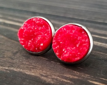 Ruby Red Druzy Earrings (12mm) - Raw Gemstone Stud Earrings - Sparkly Stone Boho Jewelry - Hypoallergenic Earrings - July Birthstone Gift
