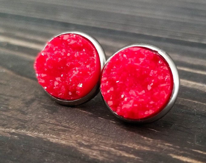 Ruby Red Druzy Earrings (12mm) - Raw Gemstone Stud Earrings - Sparkly Stone Boho Jewelry - Hypoallergenic Earrings - July Birthstone Gift