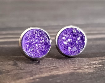 Small Purple Druzy Earrings (8mm)