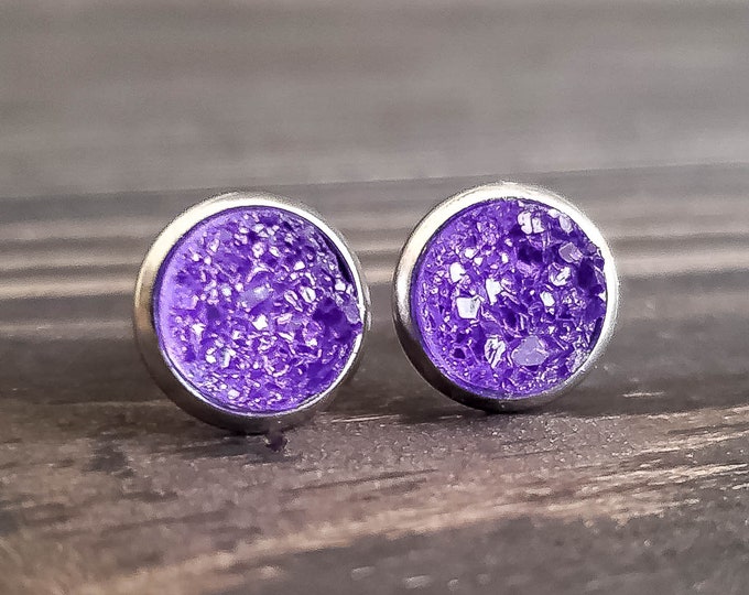 Small Purple Druzy Earrings (8mm)